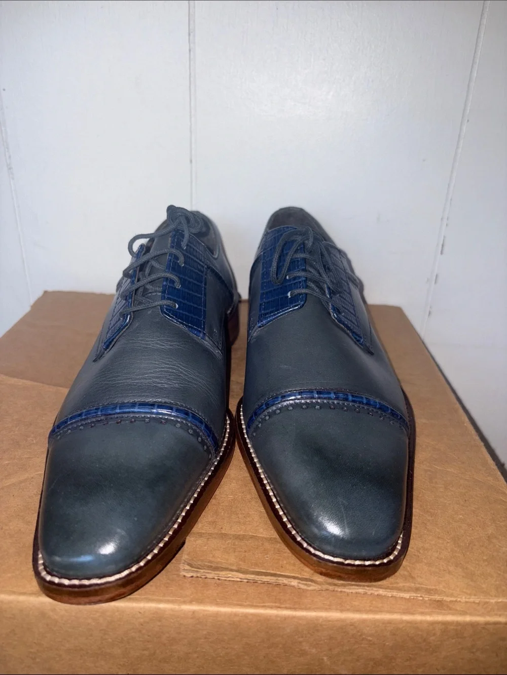 Men's Stacey Adams Gray & Navy Leather Dress Oxfords size 8.5M